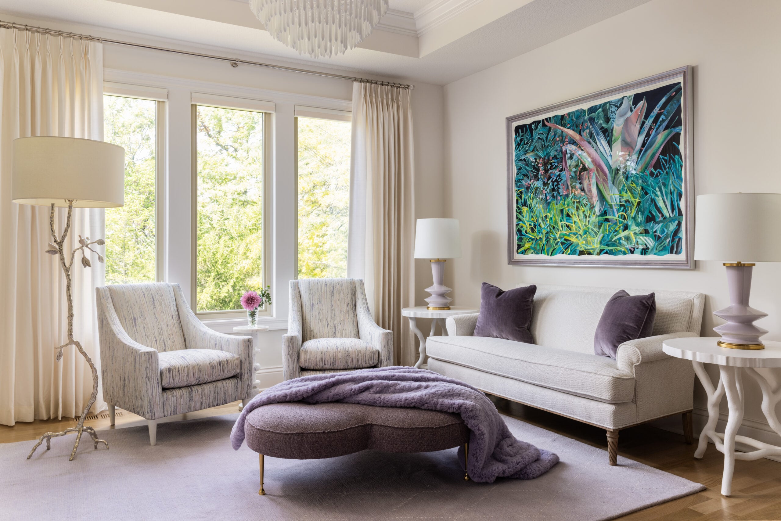 Soft lilac tones layered into a luxury interior palette.
