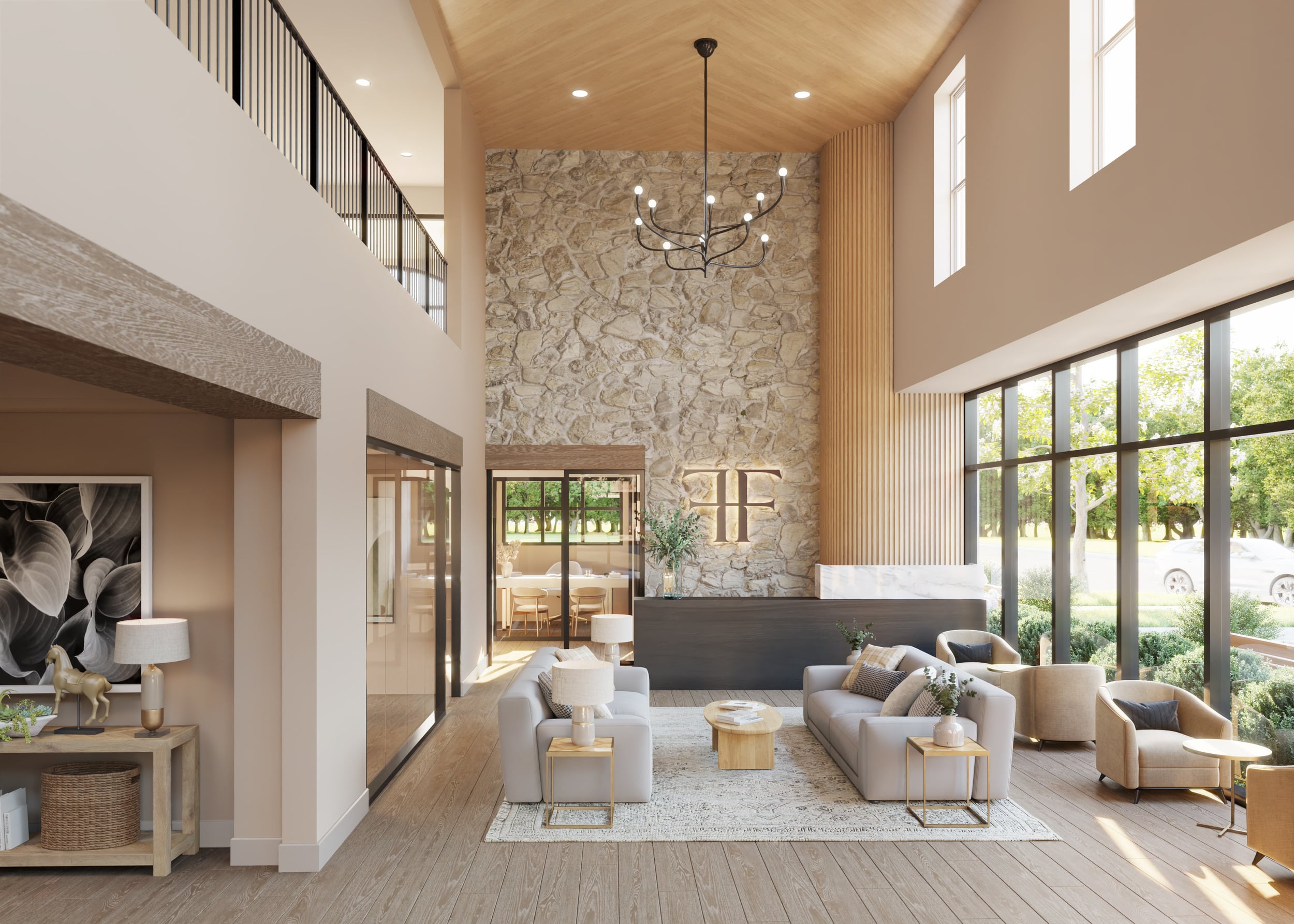 The Fieldston of Fairway multifamily leasing lounge with custom seating, feature lighting, and hospitality-inspired commercial interior design.